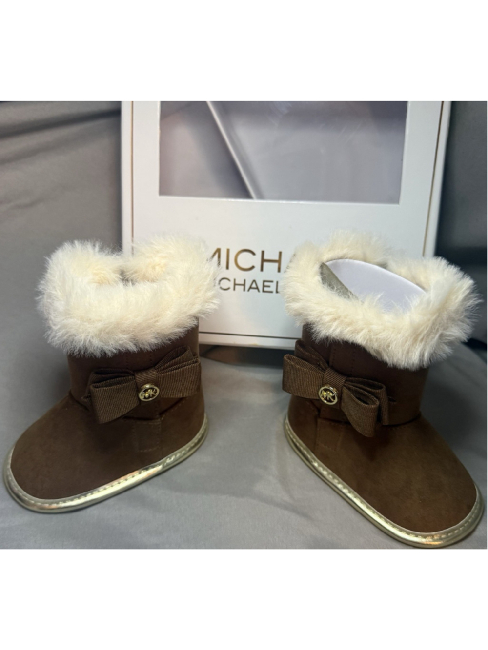 Michael Kors Baby Tan Faux Fur Bow Cozy Winter Boots Size Baby 1 NWT